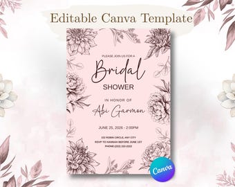 Pink Floral Bridal Shower Invitation Template, Dusty Pink, Editable Canva Invite (5x7)