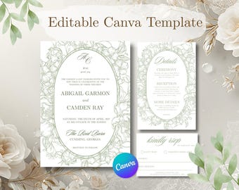 Sage Bouquet Wedding Invitation Template Bundle | Regency Inspired Floral Suite (Canva)