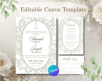 Sage Bouquet Wedding Invitation Suite | Regency Period Inspired Floral Canva Template