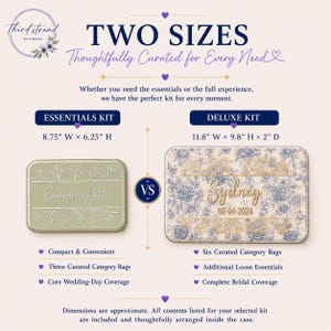 Puede incluir: Dos kits rectangulares, un kit esencial y un kit deluxe. El kit esencial verde salvia mide 22,2 cm de ancho por 15,9 cm de alto. El kit deluxe con estampado floral mide 30 cm de ancho por 24,9 cm de alto y 5,1 cm de profundidad.