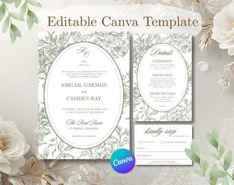 Sage Blooms Wedding Invitation Template Bundle | Recency Floral Suite (Canva)
