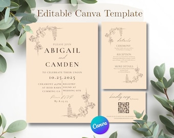 Ivory Botanical Wedding Invitation Suite, Minimalist Floral Canva Template (Digital Download)