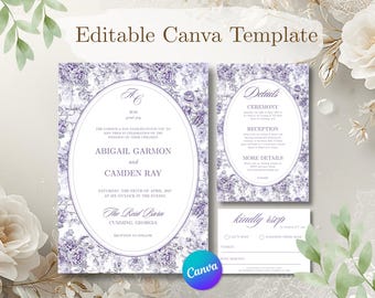 Lavender Heavy Floral Wedding Invitation Suite | Editable Canva Template, Vintage Toile Style