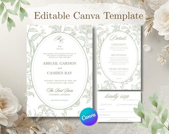 Sage Airy Berries Wedding Invitation Template Bundle | Regency Inspired Floral Suite (Canva)
