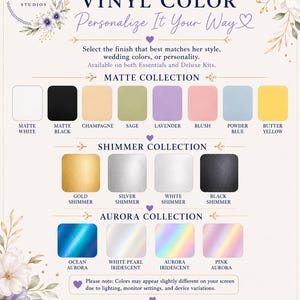Puede incluir: Una carta de colores de vinilo con tres colecciones: Matte, Shimmer y Aurora. La colecci&oacute;n Matte incluye blanco, negro, champ&aacute;n, salvia, lavanda, rubor, azul polvo y amarillo mantequilla. Shimmer incluye oro, plata, blanco y negro. Aurora incluye oc&eacute;ano, perla blanca, aurora y rosa iridiscente.