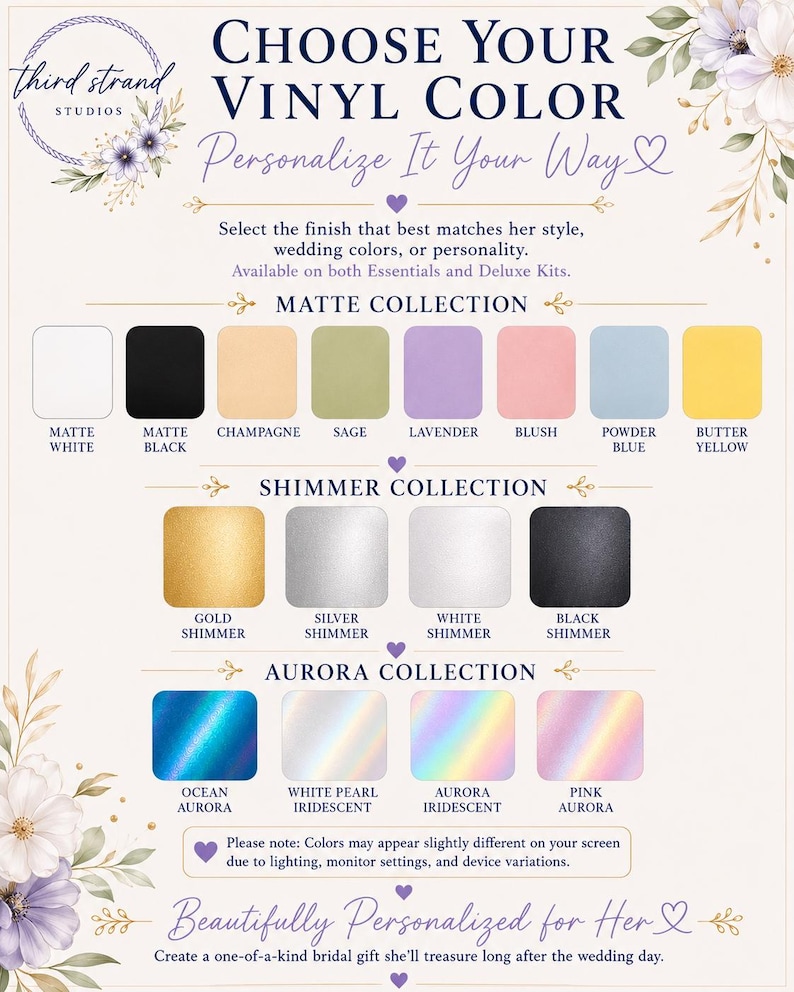 Puede incluir: Una carta de colores de vinilo con tres colecciones: Matte, Shimmer y Aurora. La colecci&oacute;n Matte incluye blanco, negro, champ&aacute;n, salvia, lavanda, rubor, azul polvo y amarillo mantequilla. Shimmer incluye oro, plata, blanco y negro. Aurora incluye oc&eacute;ano, perla blanca, aurora y rosa iridiscente.
