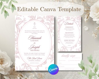 Dusty Rose Berry Wedding Invitation Suite | Regency Period Inspired Floral Canva Template