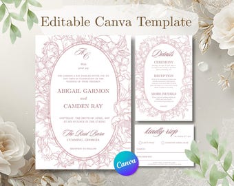 Dusty Rose Bouquet Wedding Invitation Template | Regency Period Inspired Floral Suite (Canva)