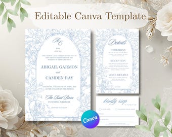 Blue Garden Wedding Invitation Suite | Regency Period Inspired Floral Canva Template