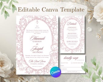Dusty Rose Bouquet Floral Wedding Invitation Suite | Regency Period Inspired Canva Template