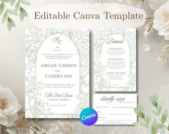 Sage Garden Wedding Invitation Suite | Regency Inspired Floral Canva Template
