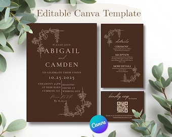 Brown Botanical Wedding Invitation Suite, Minimalist Floral Canva Template (Digital Download)