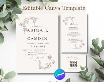 Cream Botanical Wedding Invitation Suite, Minimalist Floral Canva Template (Digital Download)