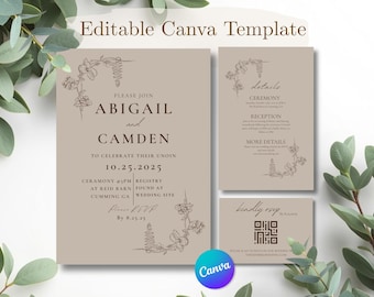 Beige Botanical Wedding Invitation Suite, Minimalist Floral Canva Template (Digital Download)