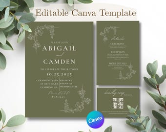 Hunter Green Botanical Wedding Invitation Suite, Minimalist Floral Canva Template (Digital Download)