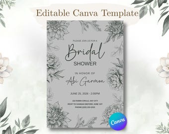 Green Floral Bridal Shower Invitation Template, Grey Floral, Editable Canva Invite (5x7)