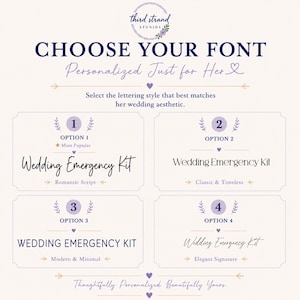 Puede incluir: Una tabla de selecci&oacute;n de fuentes titulada CHOOSE YOUR FONT Personalized Just for Her. Muestra cuatro opciones numeradas para el texto Wedding Emergency Kit en diferentes tipos de letra etiquetados como Romantic Script, Classic & Timeless, Modern & Minimal y Elegant Signature.