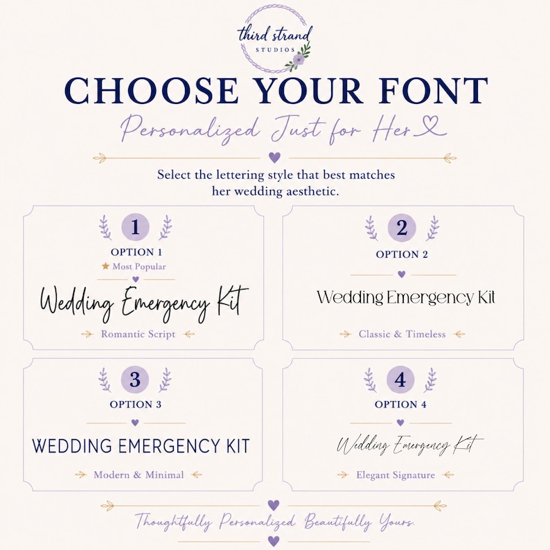 Puede incluir: Una tabla de selecci&oacute;n de fuentes titulada CHOOSE YOUR FONT Personalized Just for Her. Muestra cuatro opciones numeradas para el texto Wedding Emergency Kit en diferentes tipos de letra etiquetados como Romantic Script, Classic & Timeless, Modern & Minimal y Elegant Signature.