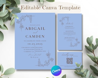 Blue Botanical Wedding Invitation Suite, Minimalist Floral Canva Template (Digital Download)