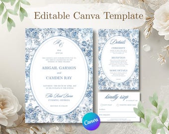 Blue Heavy Floral Wedding Invitation Suite | Vintage Toile, Regency Period Inspired Canva Template