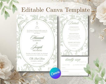 Sage Airy Berries Wedding Invitation Template Bundle | Regency Period Inspired Floral Suite (Canva)