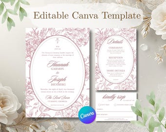 Dusty Rose Blooms Floral Wedding Invitation Suite | Regency Period Style Canva Template (Digital Download)