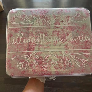 Puede incluir: Un estuche de almacenamiento rectangular transparente con un patr&oacute;n floral rosa y el texto en letra cursiva blanca Lillian Alaine Kamin centrado entre dos l&iacute;neas horizontales con ilustraciones bot&aacute;nicas. Tiene un cierre de cremallera.