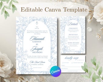 Blue Garden Wedding Invitation Suite | Regency Period Inspired Floral Canva Template (Digital Download)
