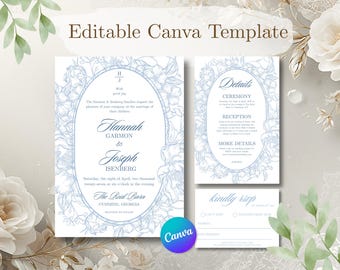 Blue Bouquet Wedding Invitation Suite | Regency Period  Inspired Floral Canva Template