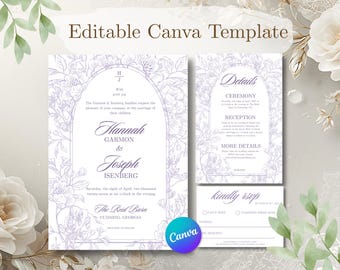 Editable Lavender Garden Wedding Invitation Suite (Canva Template)