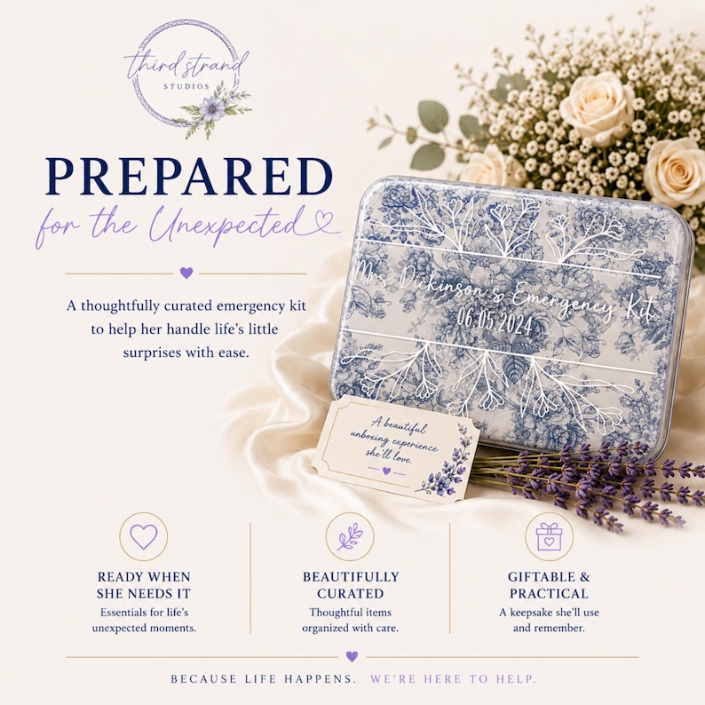 Puede incluir: Una lata met&aacute;lica rectangular con un patr&oacute;n floral azul y blanco, personalizada con el texto Mrs. Dickinson's Emergency Kit 06.05.2024. La lata va acompa&ntilde;ada de una peque&ntilde;a tarjeta rectangular con texto y una rama de flores de lavanda secas.