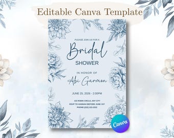 Blue Floral Bridal Shower Invitation Template, Dusty Blue, Editable Canva Invite (5x7)