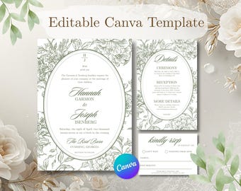 Sage Blooms Wedding Invitation Template Bundle | Floral Garden Suite (Canva)