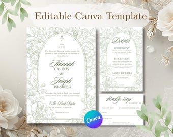 Sage Garden Wedding Invitation Suite | Regency Period Inspired Floral Canva Template