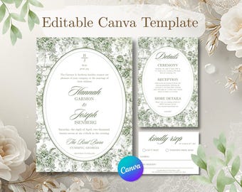 Sage Floral Wedding Invitation Template Suite | Vintage Toile, Regency Inspired Canva Invite