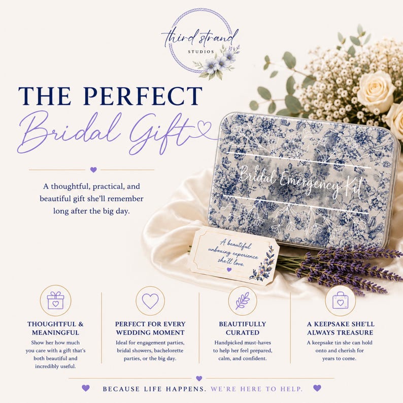 Puede incluir: Una lata met&aacute;lica rectangular con un patr&oacute;n floral azul y blanco con el texto Bridal Emergency Kit impreso en la tapa. La lata se acompa&ntilde;a de una peque&ntilde;a tarjeta rectangular con el texto A beautiful unboxing experience she'll love.