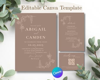 Mocha Botanical Wedding Invitation Suite, Minimalist Floral Canva Template (Digital Download)