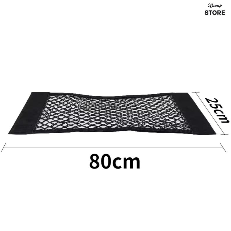 K&ouml;nnte beinhalten: Ein schwarzes, rechteckiges Aufbewahrungsnetz mit flexiblem Netzdesign und festen Stoffr&auml;ndern an beiden Enden. Das Netz ist mit den Ma&szlig;en 80 cm L&auml;nge und 25 cm Breite gekennzeichnet, wobei der Text Xramp STORE oben rechts zu sehen ist.