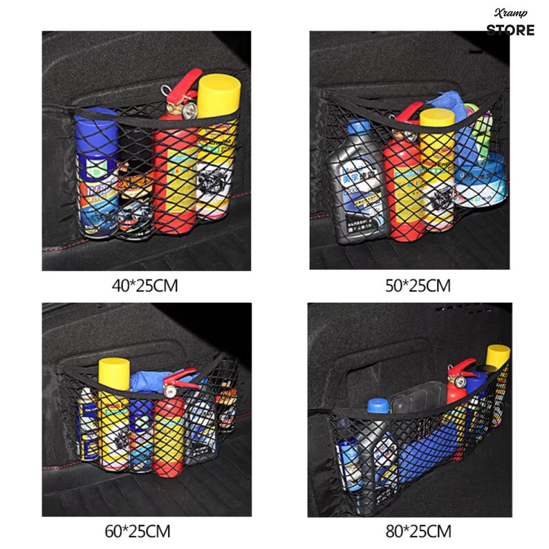 K&ouml;nnte beinhalten: Ein schwarzes elastisches Aufbewahrungsnetz f&uuml;r Fahrzeugkofferr&auml;ume, dargestellt in vier Gr&ouml;&szlig;en: 40x25cm, 50x25cm, 60x25cm und 80x25cm. Das Netz ist mit verschiedenen Autozubeh&ouml;rteilen gef&uuml;llt, darunter ein roter Feuerl&ouml;scher, Spr&uuml;hdosen und Flaschen.