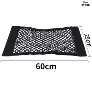 K&ouml;nnte beinhalten: Ein schwarzes, rechteckiges elastisches Aufbewahrungsnetz mit festen Stoffr&auml;ndern an der linken und rechten Seite. Das Netz hat ein rautenf&ouml;rmiges Maschenmuster. Die Ma&szlig;e sind mit 60cm L&auml;nge und 25cm H&ouml;he angegeben. Der Text Xramp STORE ist sichtbar.