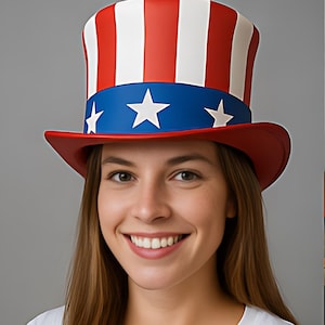 May include: A red, white, and blue Uncle Sam top hat. The hat features red and white vertical stripes on the crown, a blue band with white stars, and a red brim. The hat is a patriotic accessory.