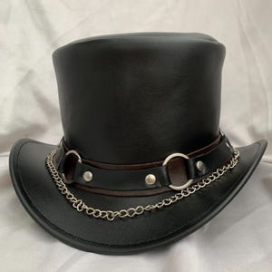 Handmade Black Leather Top Hat – Gothic Steampunk Magician Cowboy chained Hat for Men – Real Cowhide – Gifts For Him , Gifts For Men
