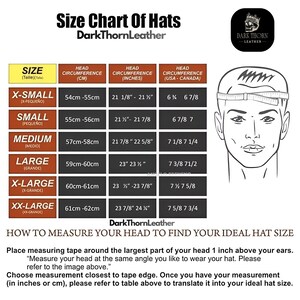 Puede incluir: Tabla de tallas de sombreros de DarkThornLeather. Muestra la circunferencia de la cabeza en cm y pulgadas, con tallas de X-Peque&ntilde;o a XX-Grande. Incluye instrucciones para medir la cabeza y encontrar la talla ideal.