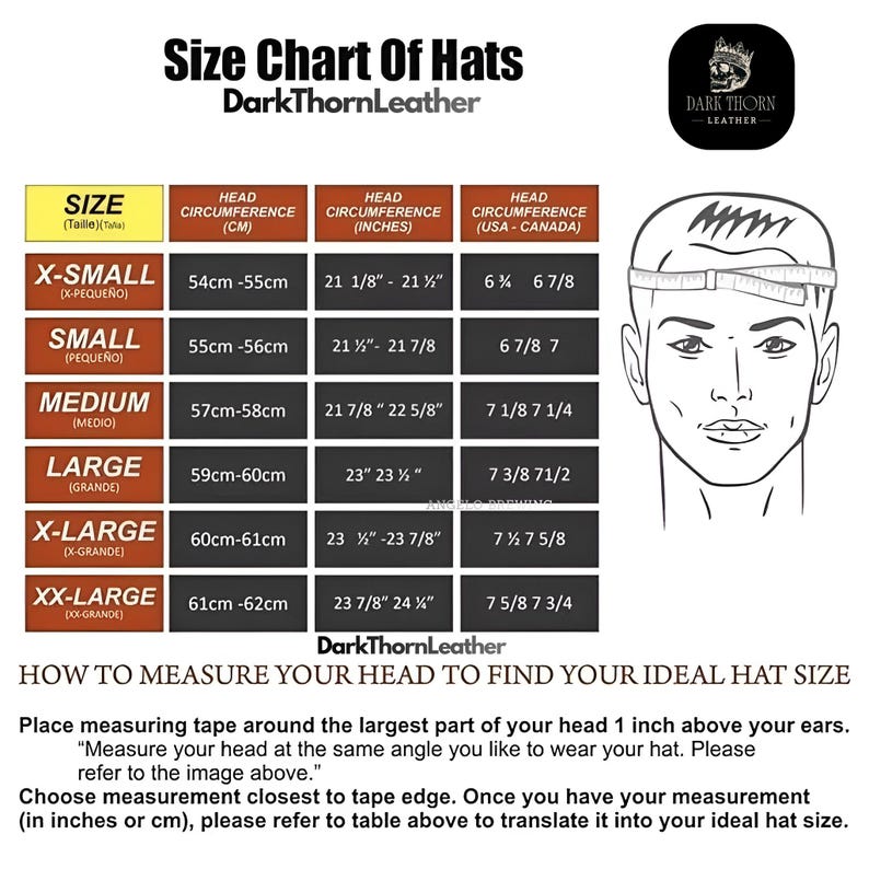 Puede incluir: Tabla de tallas de sombreros de DarkThornLeather. Muestra la circunferencia de la cabeza en cm y pulgadas, con tallas de X-Peque&ntilde;o a XX-Grande. Incluye instrucciones para medir la cabeza y encontrar la talla ideal.