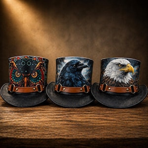 Puede incluir: Tres sombreros de copa decorativos con dise&ntilde;os de animales. Los sombreros presentan un b&uacute;ho, un cuervo y un &aacute;guila. Cada sombrero tiene un ala negra, una banda de cuero marr&oacute;n y una corona cil&iacute;ndrica con la imagen del animal. Los sombreros se exhiben sobre una superficie de madera.