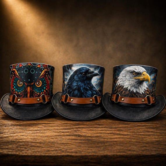 Steampunk Leather Top Hat Handmade Owl Raven Eagle Design Cosplay Festival Gothic Western