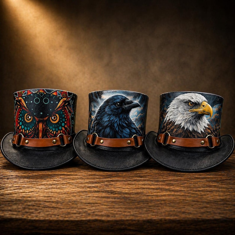 Puede incluir: Tres sombreros de copa decorativos con dise&ntilde;os de animales. Los sombreros presentan un b&uacute;ho, un cuervo y un &aacute;guila. Cada sombrero tiene un ala negra, una banda de cuero marr&oacute;n y una corona cil&iacute;ndrica con la imagen del animal. Los sombreros se exhiben sobre una superficie de madera.