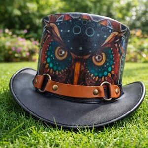 Puede incluir: Un sombrero de copa negro con una banda de cuero marr&oacute;n y detalles de lat&oacute;n. El sombrero presenta un colorido dise&ntilde;o de b&uacute;ho en la corona con tonos de azul, naranja y turquesa. El sombrero est&aacute; sobre hierba verde.