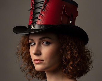 Handmade Steampunk Leather Top Hat – Red & Black Victorian Hat with Side Pocket