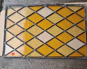 Antique Yellow Leaded Stained Glass Window 24x16 Diamond Pattern c